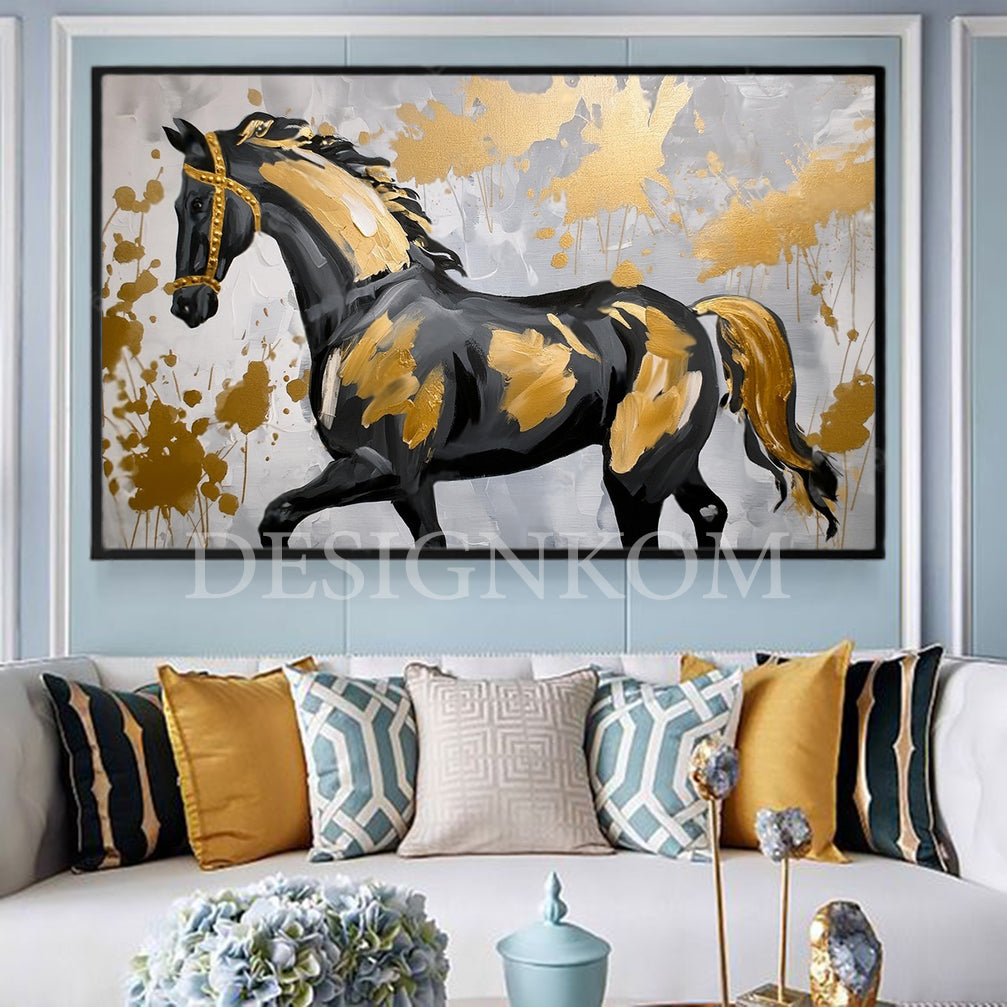 black horse adorned with gold