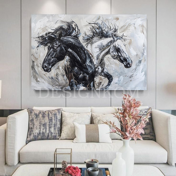 black and white horses linked