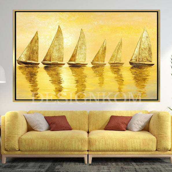 six bright yellow sea boats