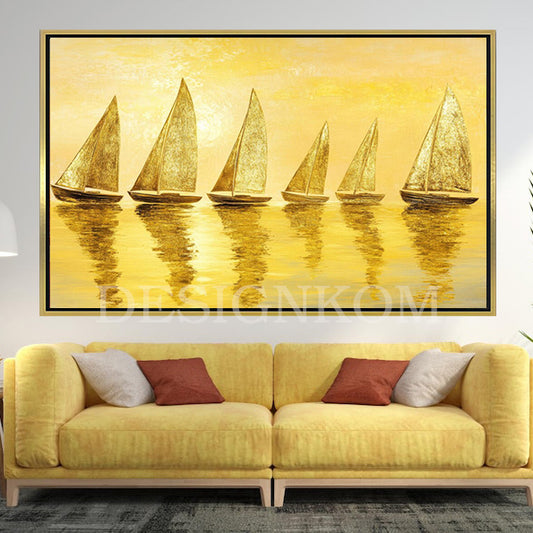 six bright yellow sea boats