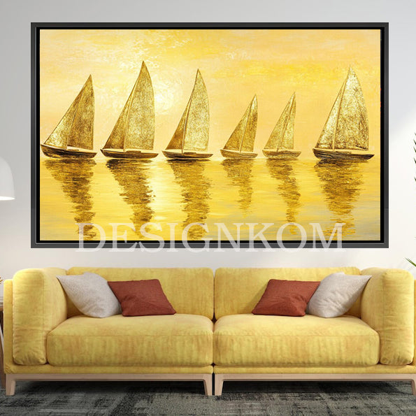 six bright yellow sea boats