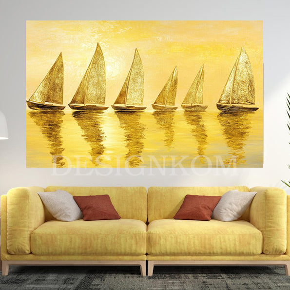 six bright yellow sea boats