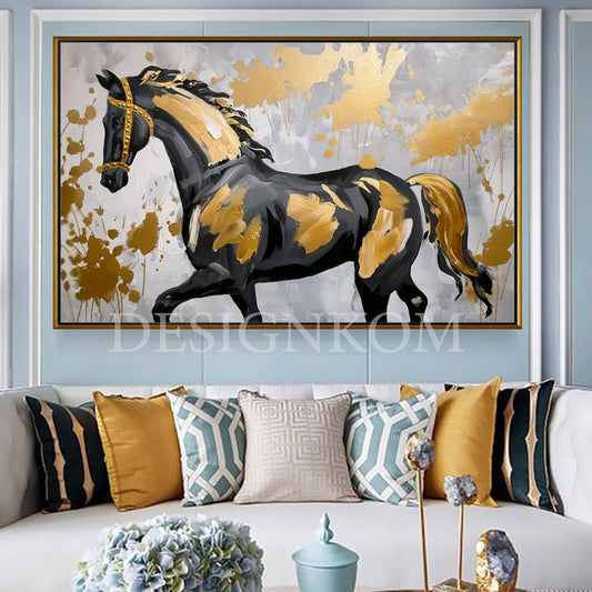 black horse adorned with gold