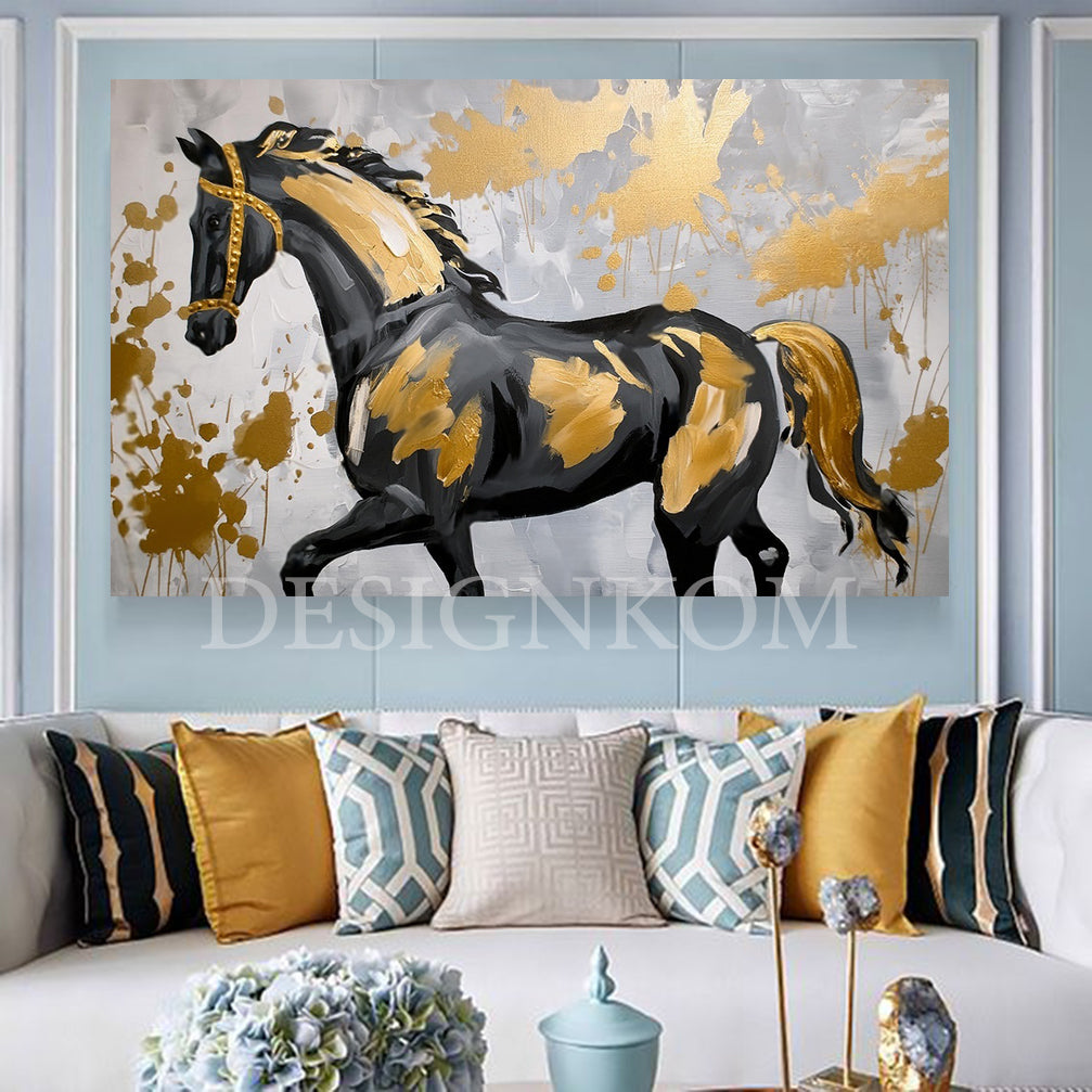 black horse adorned with gold