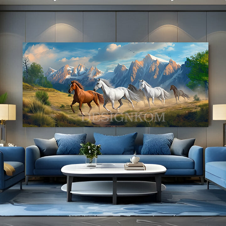 Wild Horses Panoramic – Forest & Snowy Mountains