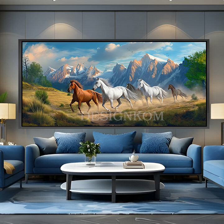 Wild Horses Panoramic – Forest & Snowy Mountains