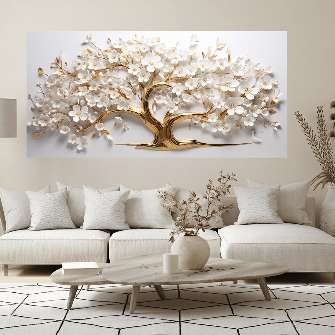 Golden Tree with White Flowers