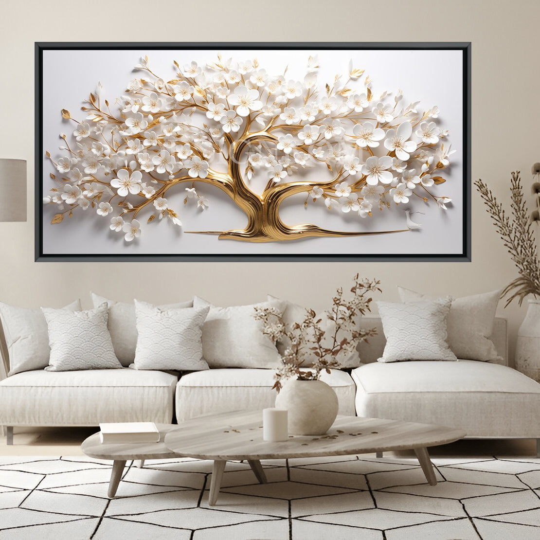 Golden Tree with White Flowers