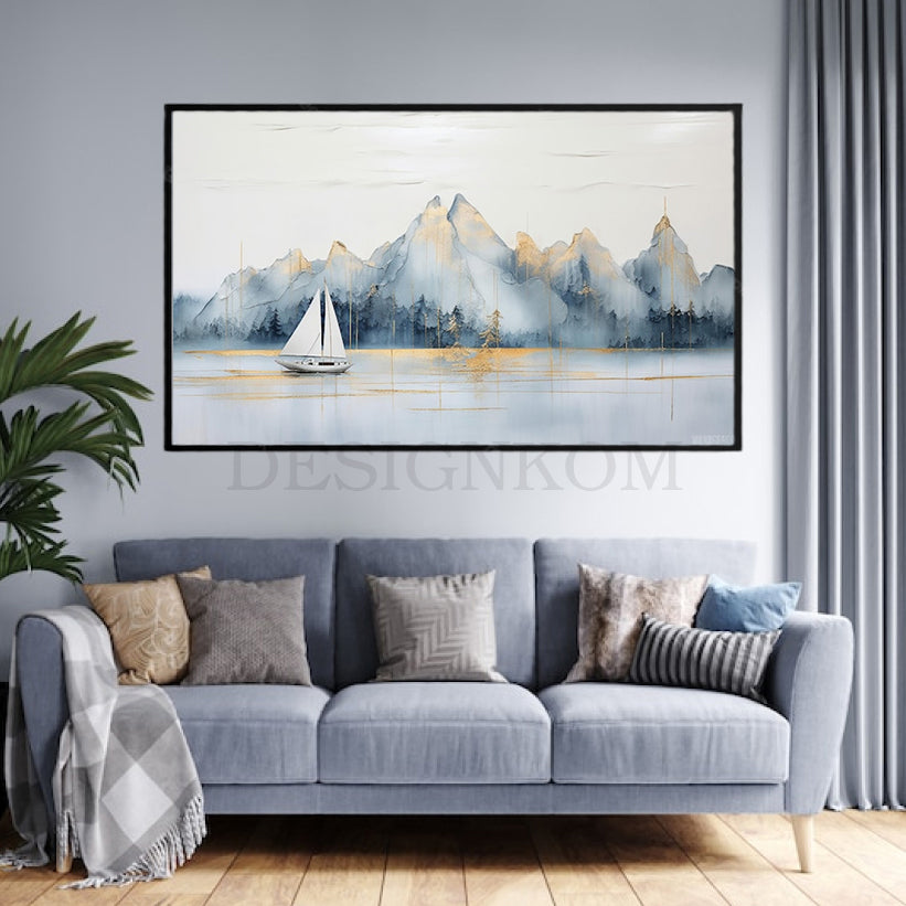 sailboat golden mountains