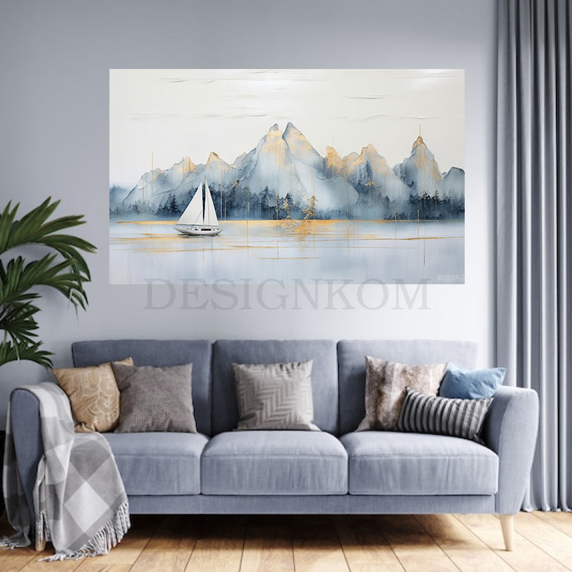 sailboat golden mountains