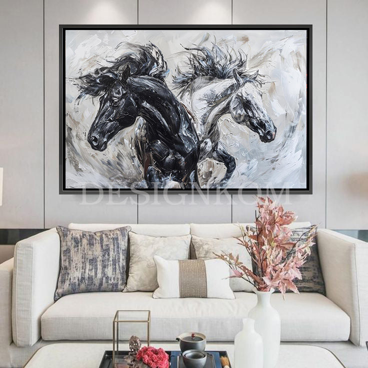 black and white horses linked