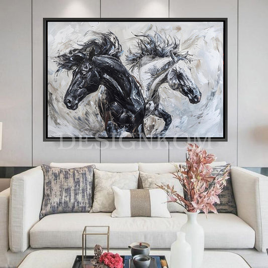 black and white horses linked