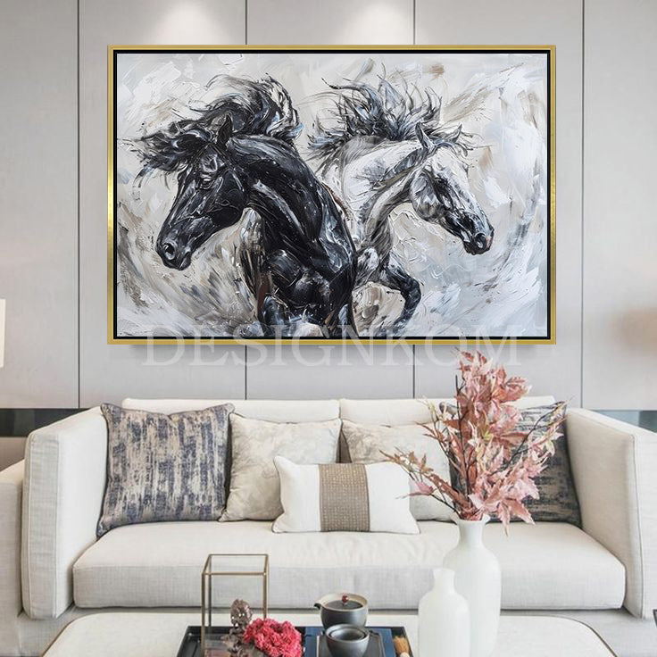 black and white horses linked
