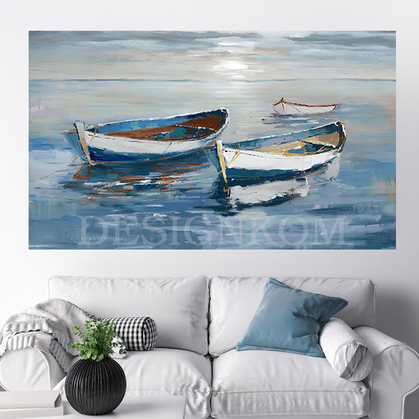 Tableau Abstrait Bateaux Bord De Mer – Toile Impression 30x60 Cm, Décoration Murale Salon Nordique