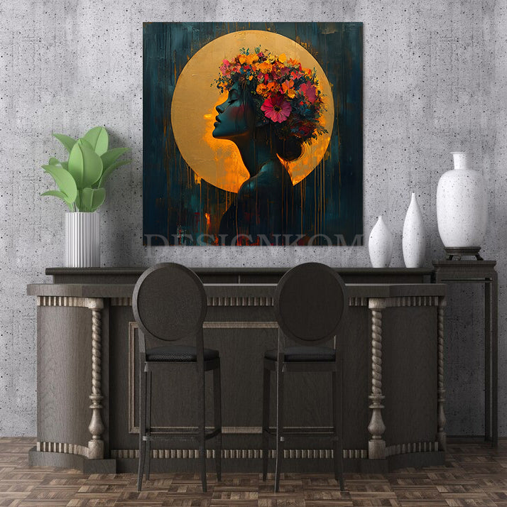woman Flowers and Golden Halo