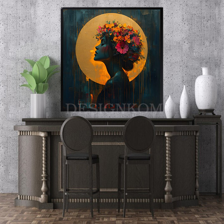 woman Flowers and Golden Halo