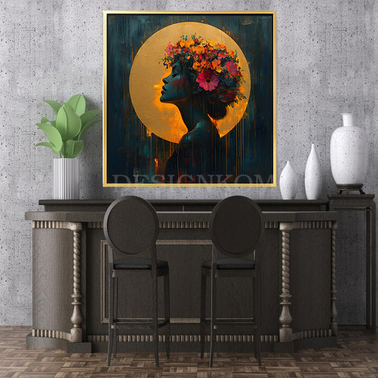woman Flowers and Golden Halo